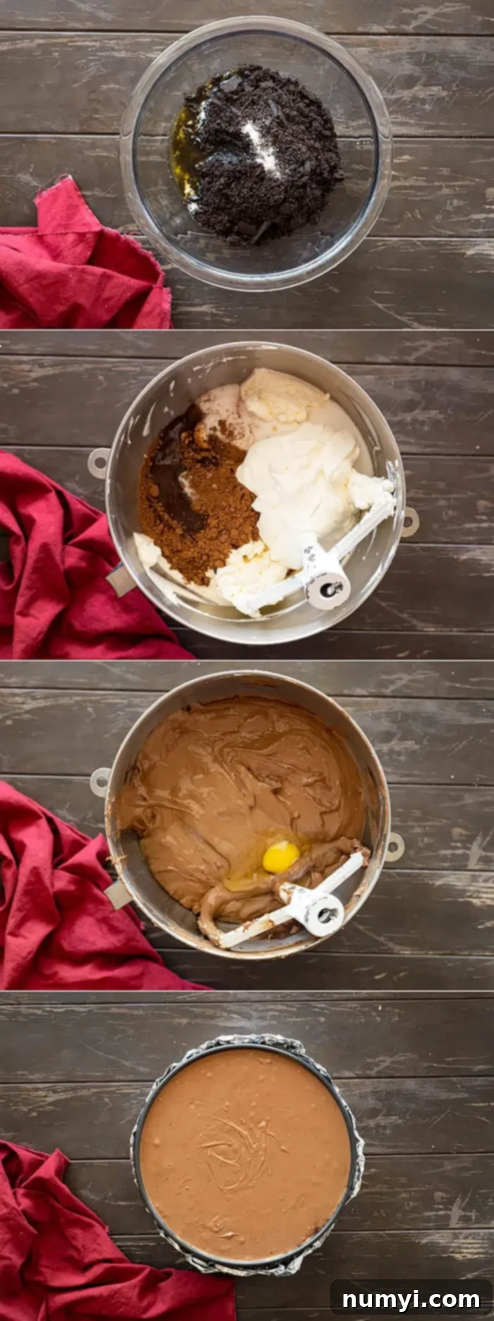 collage: step by step photos for making double chocolate cheesecake