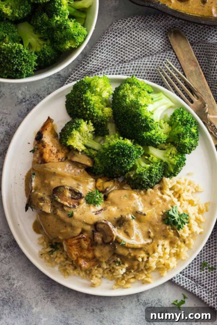 White plate with broccoli, rice, chicken, and a mushroom cream sauce drizzled on top