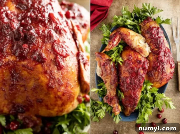 Two pictures: one showing a close up of the turkey breast and the other a blue plate filled with cuts of turkey ready to serve. Garnished with lots of parsley and cranberries. 