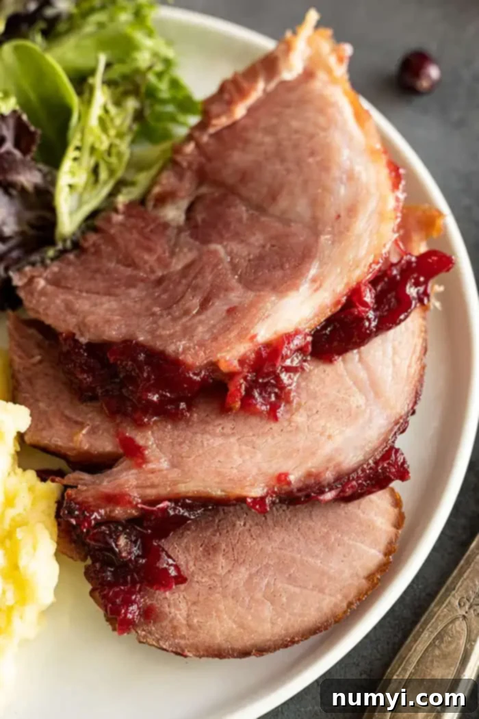 Overhead view of ham slices on a white plate. 