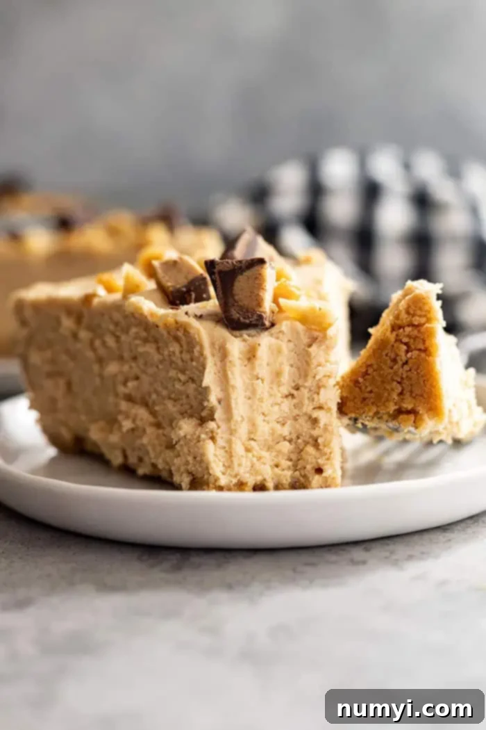 A delectable slice of creamy peanut butter pie on a white plate with a bite taken out, garnished with chopped peanuts and mini peanut butter cups. The rest of the pie is visible in the background, topped with more delicious treats.