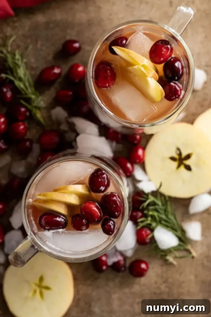 Overhead view of two mugs of apple cranberry ginger beer garnished and surrounded by apple slices, cranberries, crushed ice, and rosemary springs. 