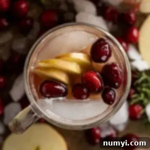 Overhead view of apple cranberry moscow mule in a mug decorated with apple slices and fresh cranberries.