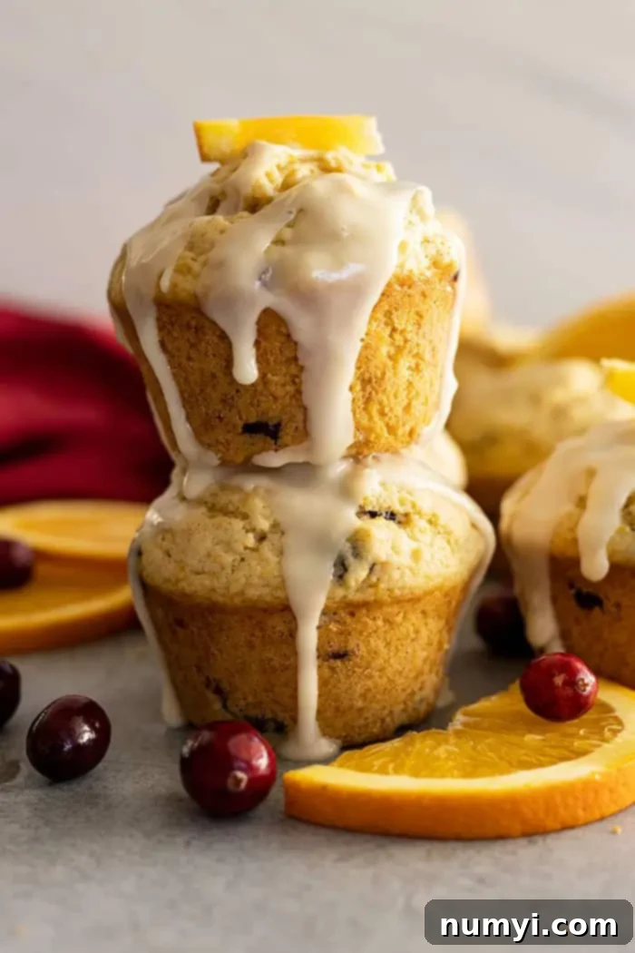 Zesty Cranberry Orange Muffins 2 Two golden-brown cranberry orange muffins stacked, featuring a sweet orange glaze dripping down their sides. Fresh cranberries and orange slices are artfully arranged around them.