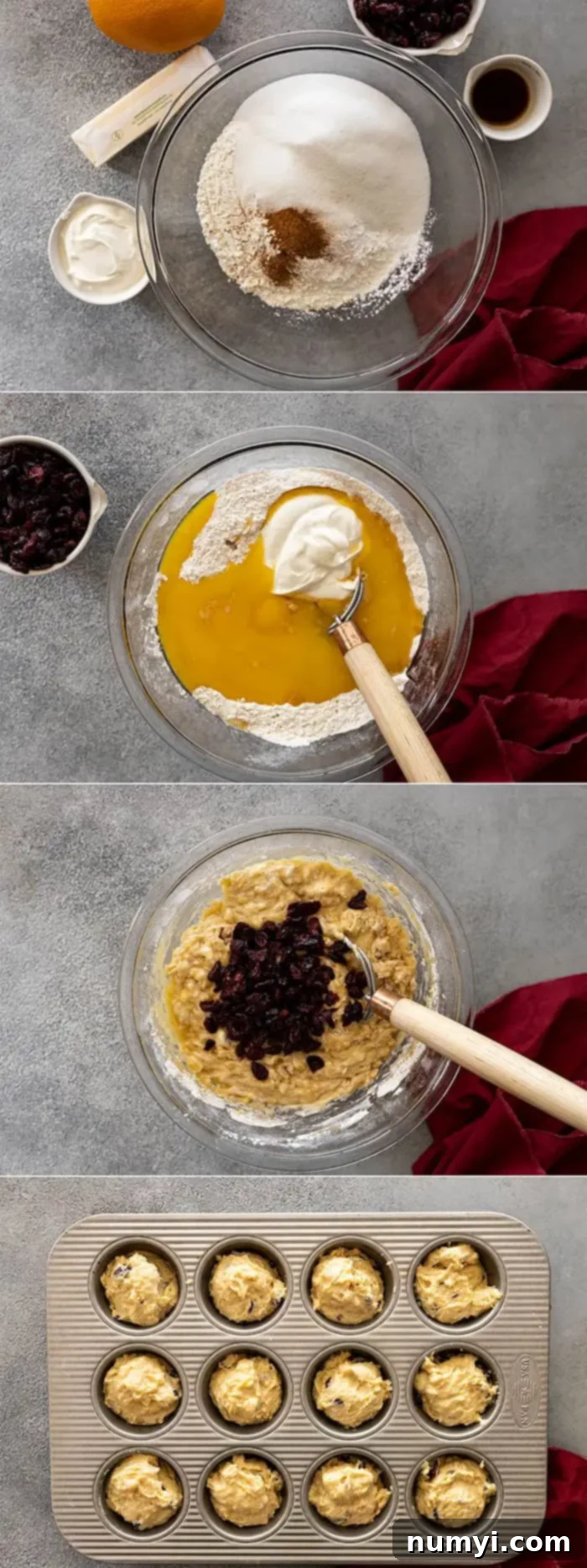 Zesty Cranberry Orange Muffins 4 A four-panel image showing the step-by-step process of making cranberry orange muffins: 1. Mixing dry ingredients. 2. Combining wet ingredients with dry. 3. Folding in cranberries. 4. Filling muffin tins with batter.