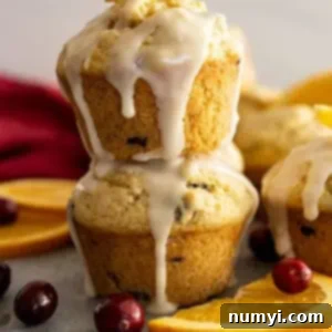Zesty Cranberry Orange Muffins 7 Two muffins stacked with a glaze dripping down the sides. Cranberries and oranges slices off the sides.