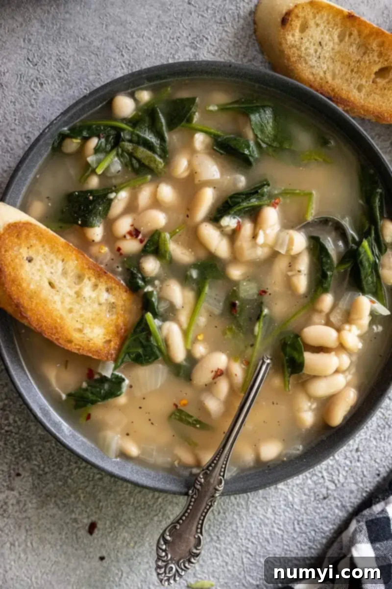 Overhead view of a beautiful bowl of Tuscan white bean soup in a dark bowl, garnished with fresh herbs and a drizzle of olive oil. Crusty bread and a spoon rest invitingly beside it.