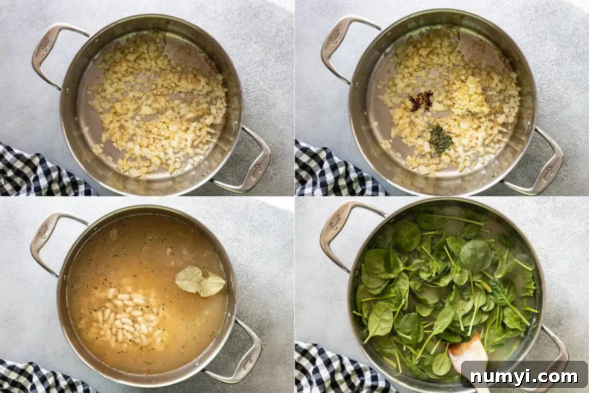 A collage of four step-by-step photos demonstrating how to make Tuscan bean soup: 1. Sautéing chopped onion in a pot. 2. Stirring in minced garlic, rosemary, and red pepper flakes. 3. Adding cannellini beans and broth to the pot with a bay leaf. 4. Stirring fresh spinach into the cooked soup at the end.