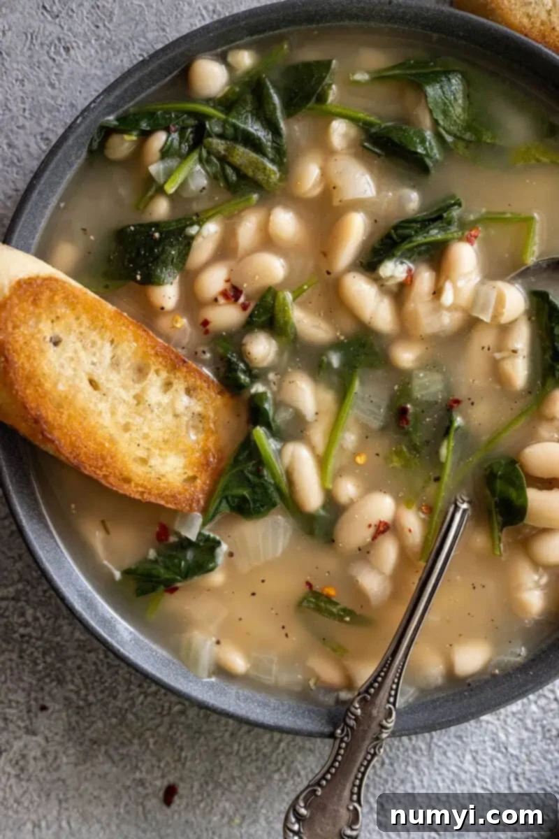 A close-up shot of a rustic bowl of Tuscan white bean soup with a piece of crusty garlic bread being dunked into the rich broth, highlighting its texture and warmth.