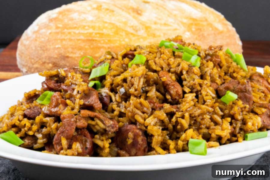 Classic Cajun jambalaya served in a white bowl, with a rustic loaf of bread in the background, ready to be enjoyed.