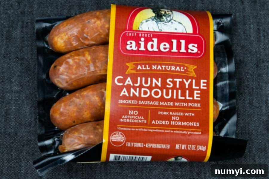 A package of store-bought Cajun-style Andouille sausage, recommended for this jambalaya recipe.