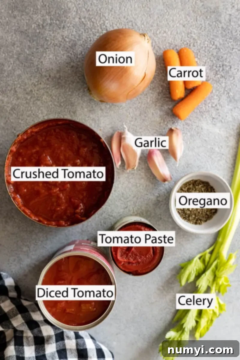 Ingredients for homemade marinara sauce: Onion, garlic, oregano, canned tomatoes (crushed, diced, and paste), and fresh basil.