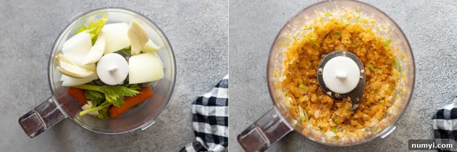 Two pictures showing how to prepare the vegetables for the sauce, including chopping onion, garlic, carrot, and celery.