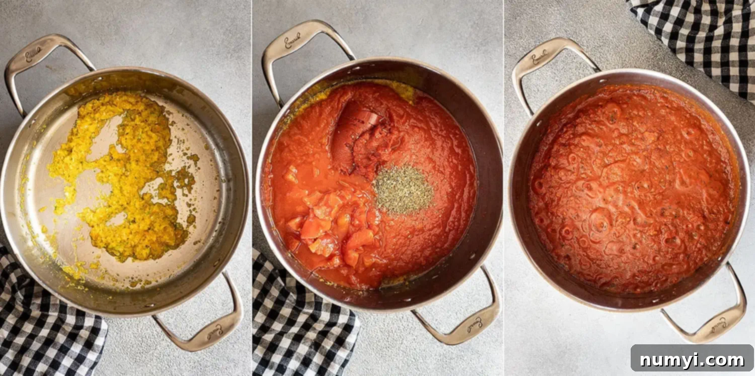 Three pictures showing how to cook the marinara sauce: first sautéing the vegetables, then adding the remaining ingredients, and finally simmering.