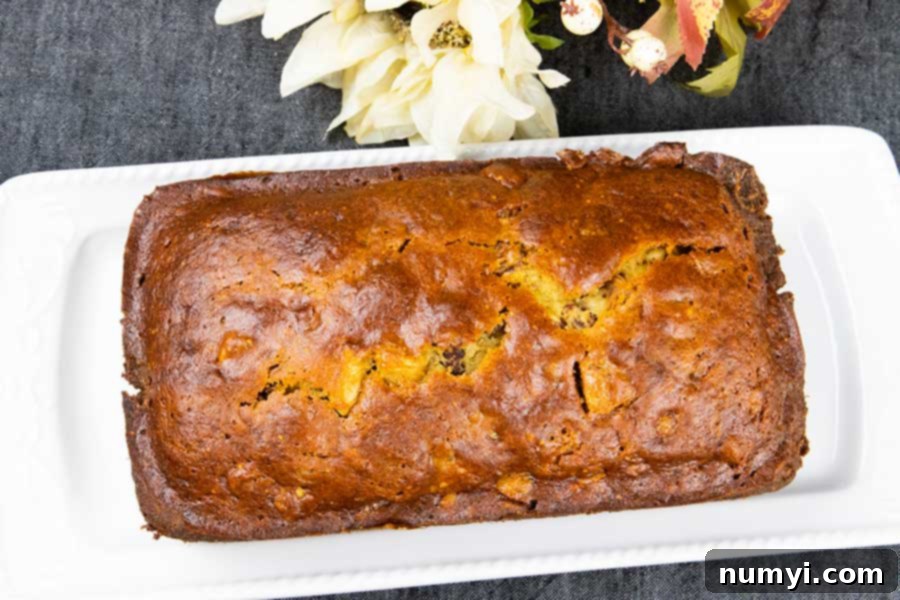 A freshly baked loaf of Walnut Fig Bread, perfectly golden brown, cooling on a white platter.