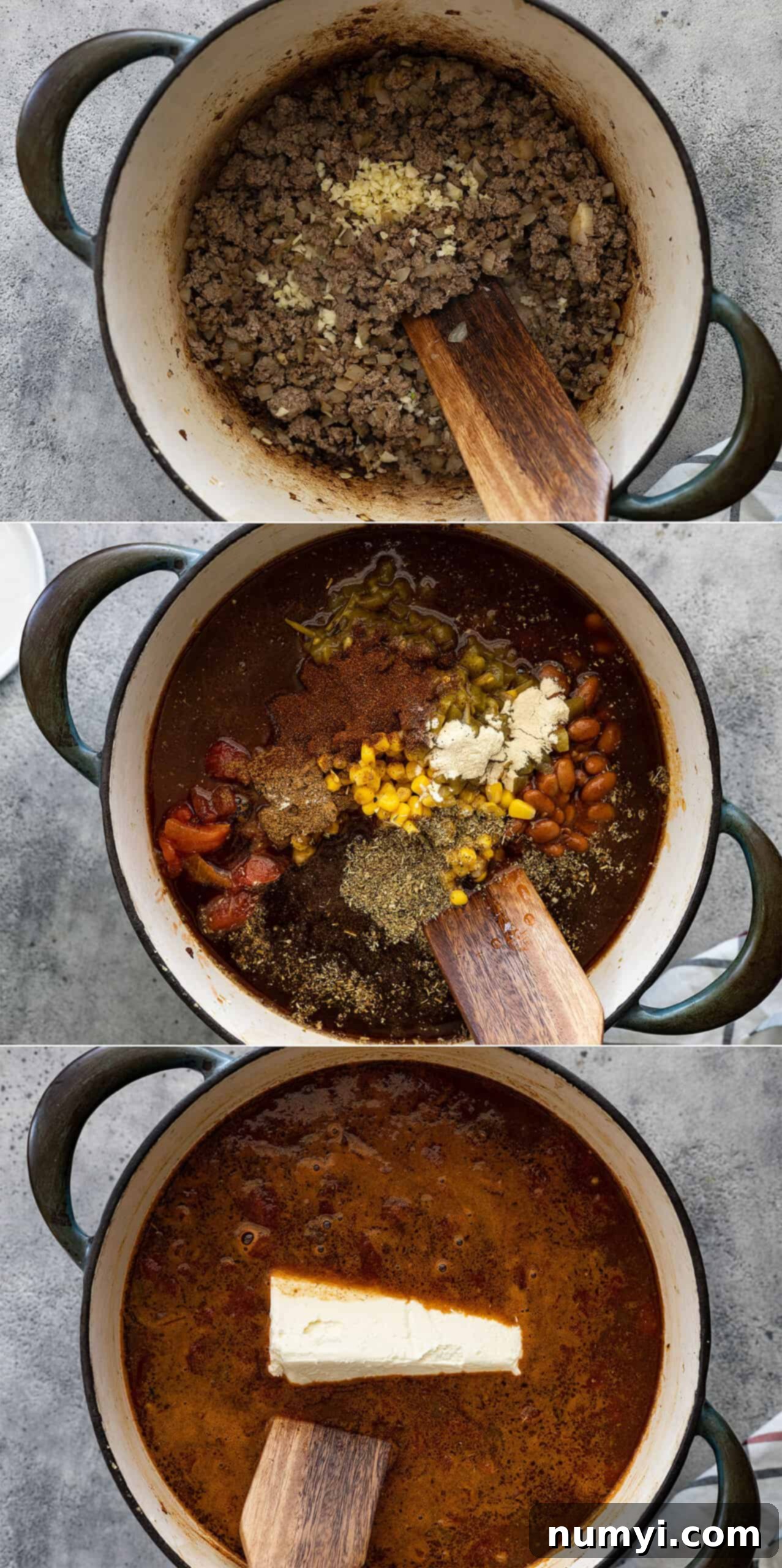 A series of three step-by-step process images for making creamy taco soup: 1. Ground beef and chopped onions browning in a large pot, with minced garlic being stirred in. 2. All remaining ingredients except cream cheese (beef broth, beans, corn, tomatoes, chiles, and spices) added to the pot and simmering with a lid. 3. Softened cream cheese being stirred into the finished soup until completely melted and smooth, creating a creamy texture.