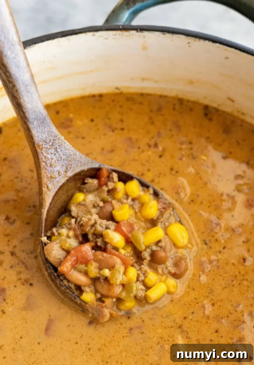 A large serving ladle scooping up a generous portion of creamy taco soup from a deep pot, showing the rich, thick texture of the soup, steaming hot and ready to be served into bowls.