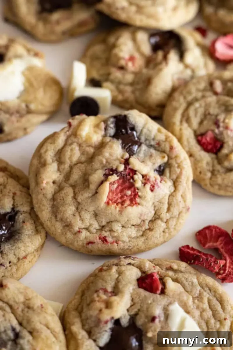Berry Chocolate Chip Bliss 2 Strawberry chocolate chips cookie surrounded by other cookies.