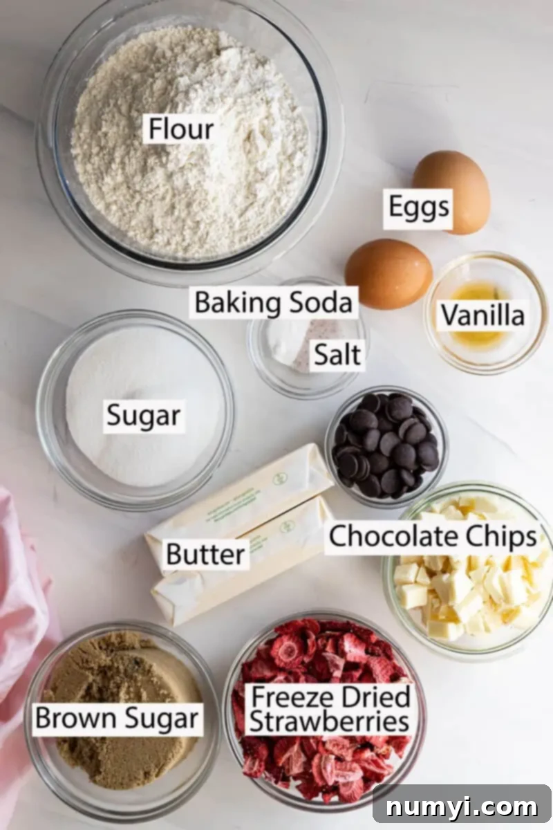 Berry Chocolate Chip Bliss 3 Ingredients: flour, eggs, vanilla, sugar, brown sugar, baking soda, salt, chocolate chips, butter, freeze-dried strawberries.
