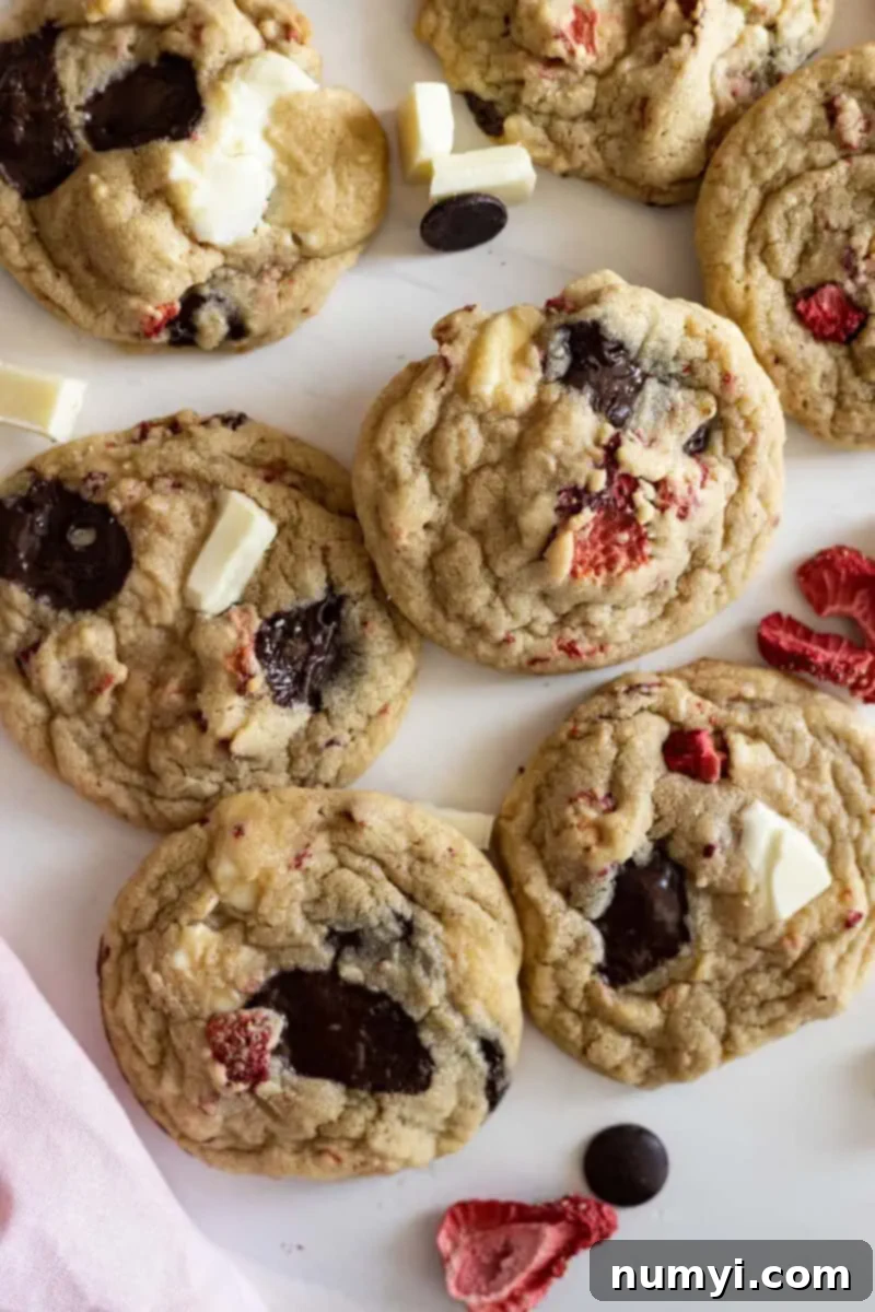 Berry Chocolate Chip Bliss 5 Overhead view of several cookies. Pockets of yummy melty chocolate, pieces of strawberries visible in the cookies.