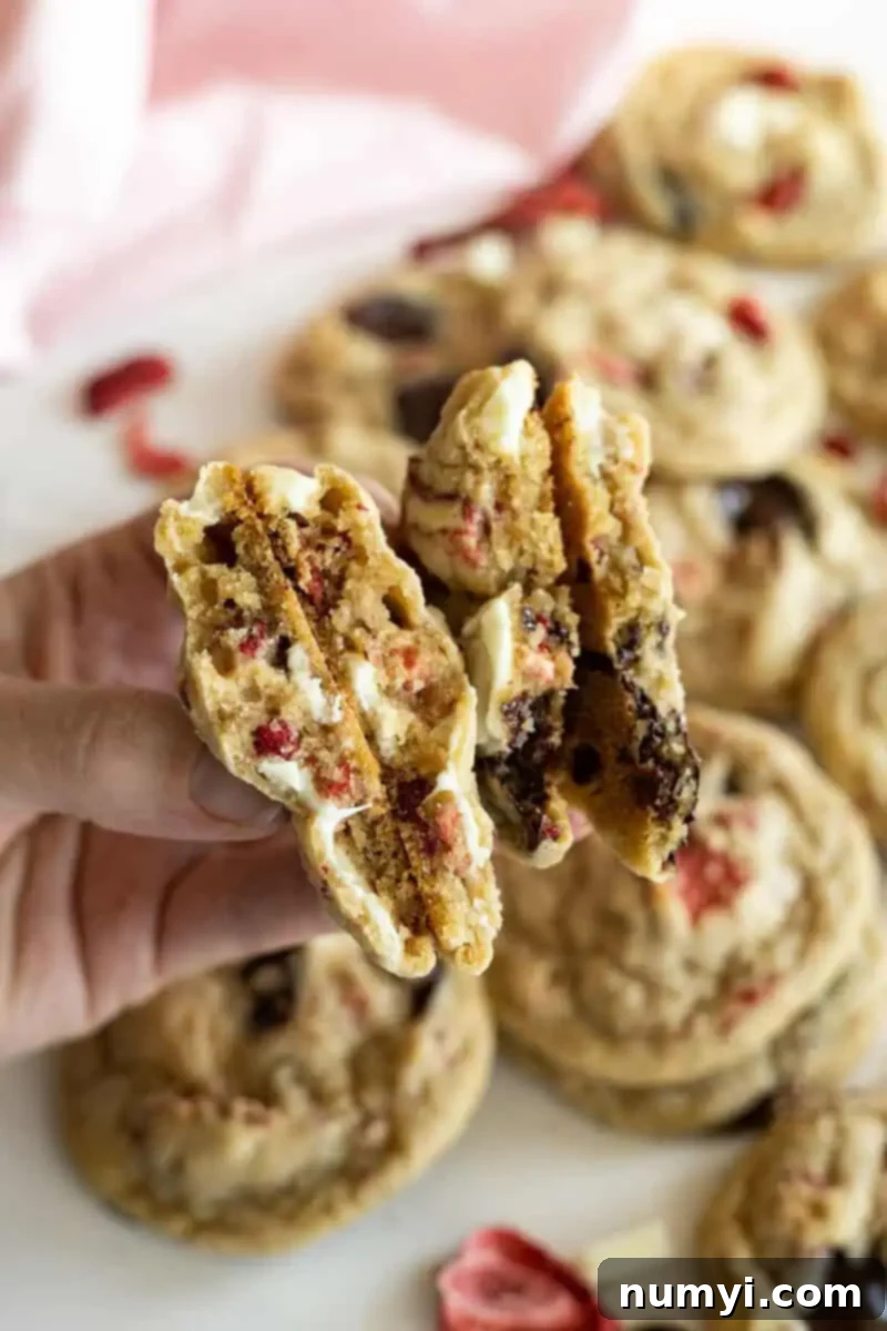 Berry Chocolate Chip Bliss 6 Two cookies broken in half to show the texture of the inside of the cookie. Can see both chocolates and the strawberries.