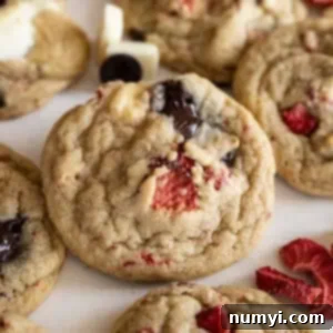 Berry Chocolate Chip Bliss 7 Strawberry chocolate chips cookie surrounded by other cookies.