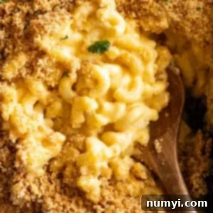 Overhead view of homemade mac and cheese in a casserole dish fresh from the oven. Wooden spoon dipping into the dish.