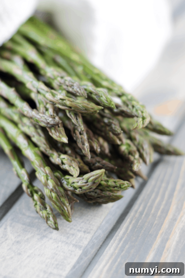 A fresh bundle of vibrant green asparagus spears, perfectly prepared to be cut into pieces for the strata recipe.