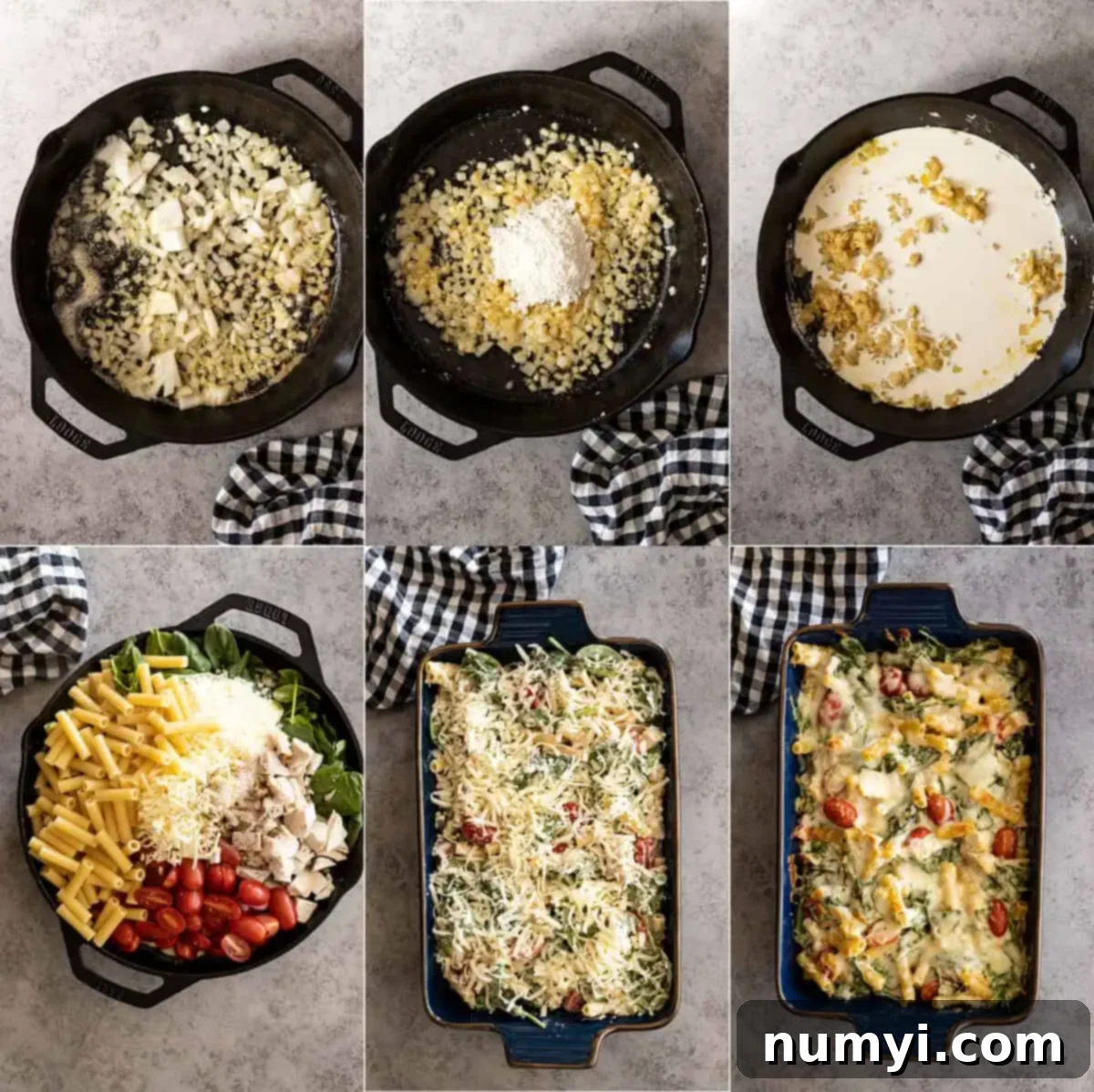 A visual step-by-step guide to making Chicken Florentine Pasta Casserole: 1. Sautéing onions and garlic in butter. 2. Mixing in flour to form a roux. 3. Whisking in half and half to create a smooth sauce. 4. Combining cooked pasta, spinach, chicken, and tomatoes with the sauce. 5. Transferring the mixture to a baking dish and topping with cheese. 6. The finished casserole, golden and bubbly from the oven.