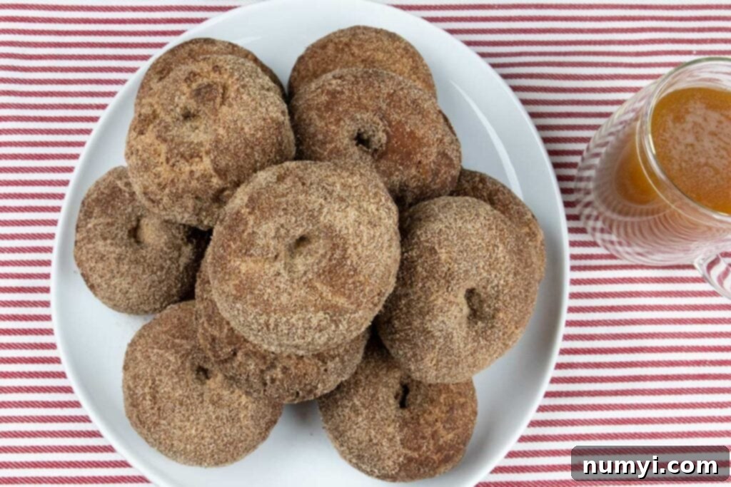 Apple cider donuts on a white platter with a cup of apple cider on the side.