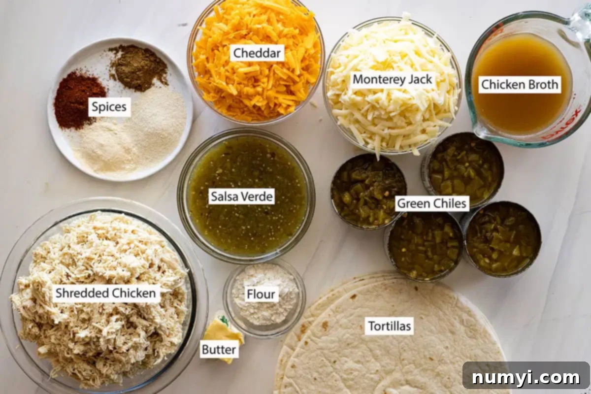 Ingredients: shredded chicken, spices, cheddar, monterey jack, green chiles, chicken broth, salsa verde, flour, butter, tortillas.