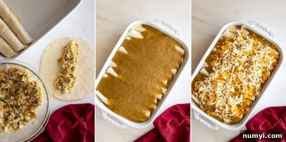 Overhead view of three pictures showing how to assemble the enchiladas.