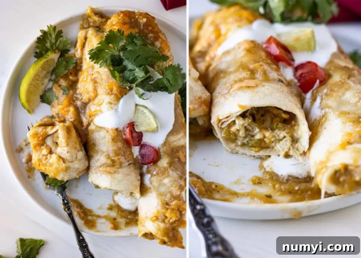 Two pictures together one and overhead of enchiladas on a white plate and the other a bite taken out showing the filling on the inside. 