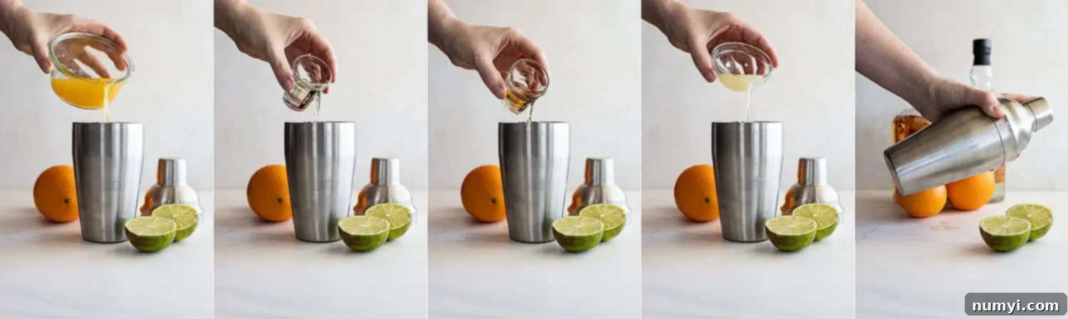 Zesty Orange Margarita 4 Five pictures showing the steps of adding the liquids and shaking the margarita.
