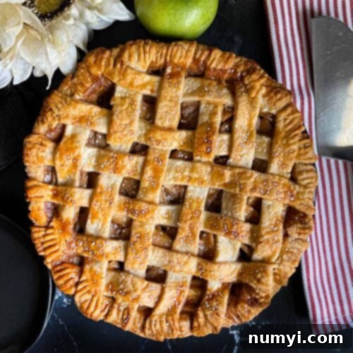 Lattice crust apple pie on a dark surface, golden and inviting.
