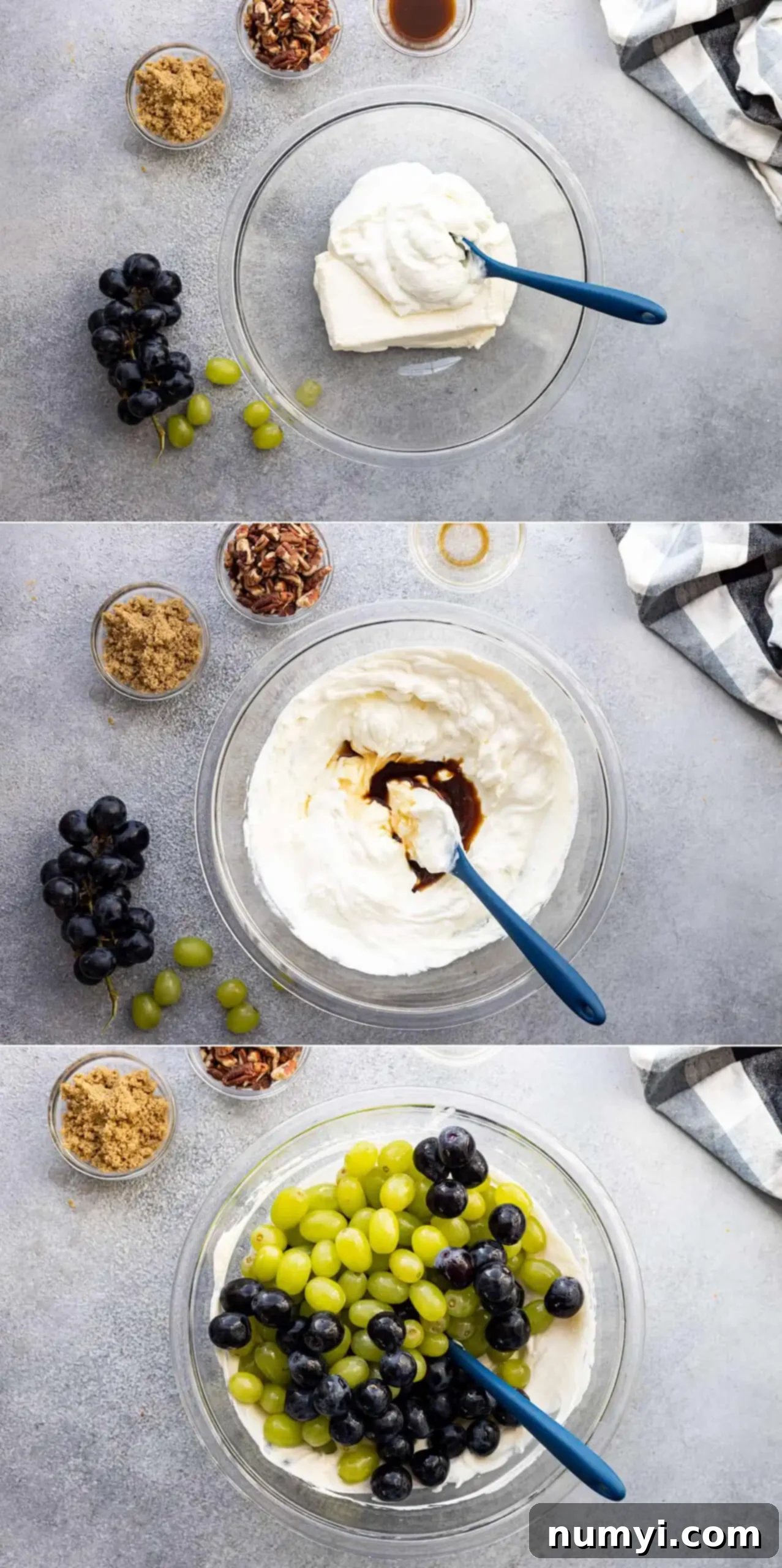 Three pictures showing how to make the salad. Two showing the mixing of the dressing then stirring in the grapes.