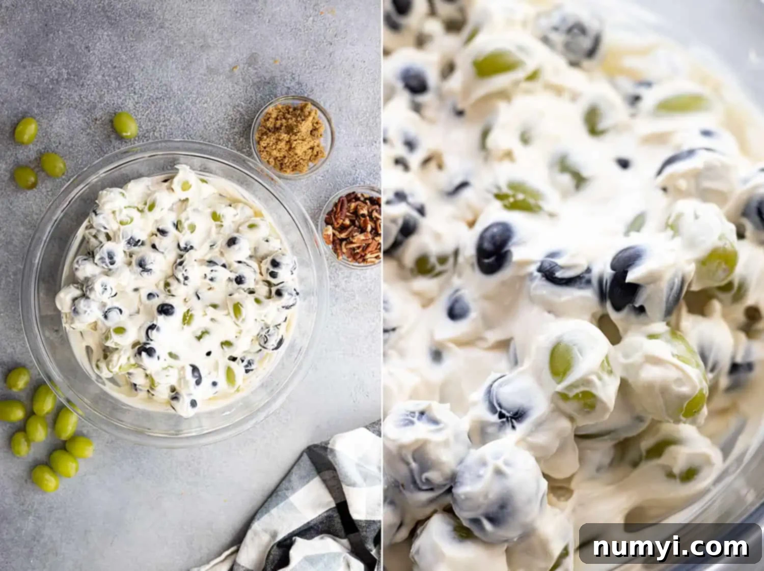 Two pictures showing the creamy grape salad. One is an overhead and the other a close up.