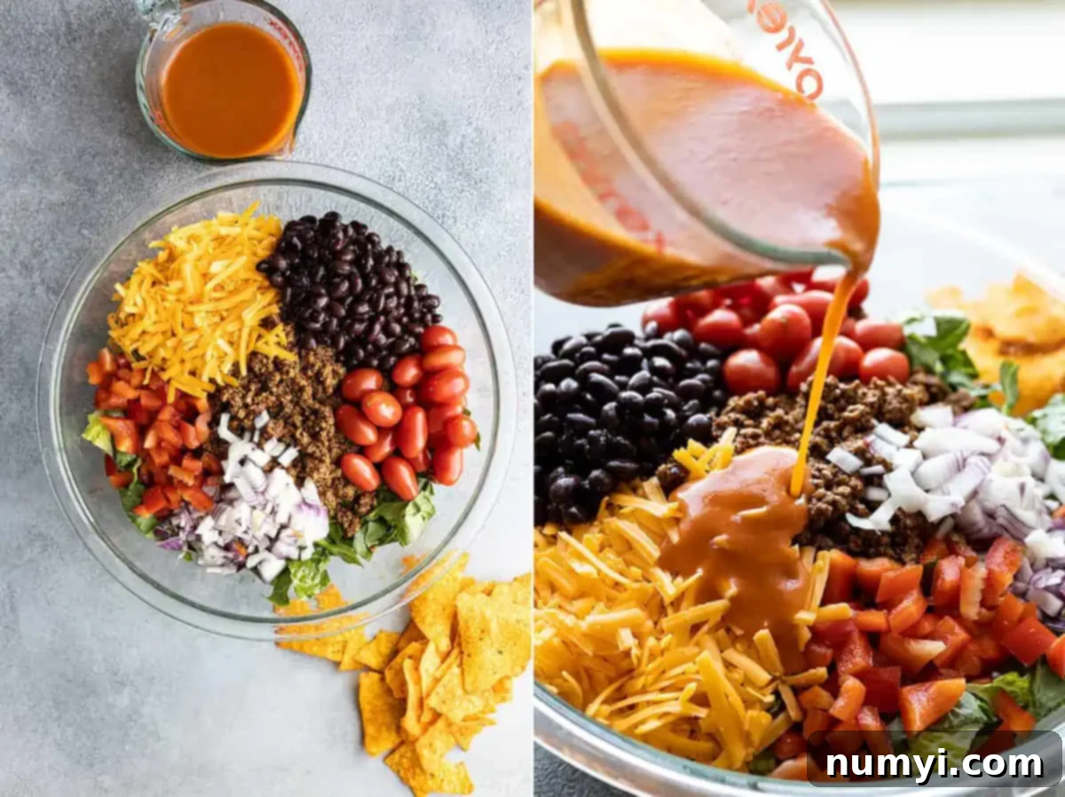 Two pictures showing how to make the salad. One with all the ingredients in a bowl and the second showing the dressing being poured over it. 