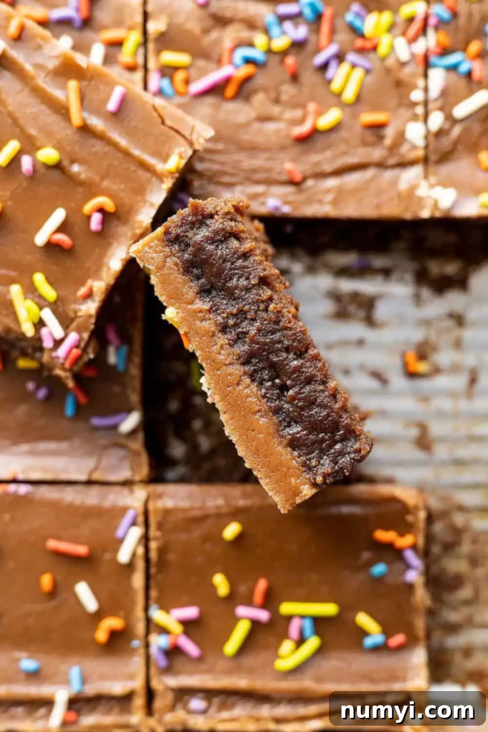 Overhead view of perfectly cut frosted brownies, with one piece turned on its edge to show the thick, fudgy brownie layer and the luscious chocolate frosting.