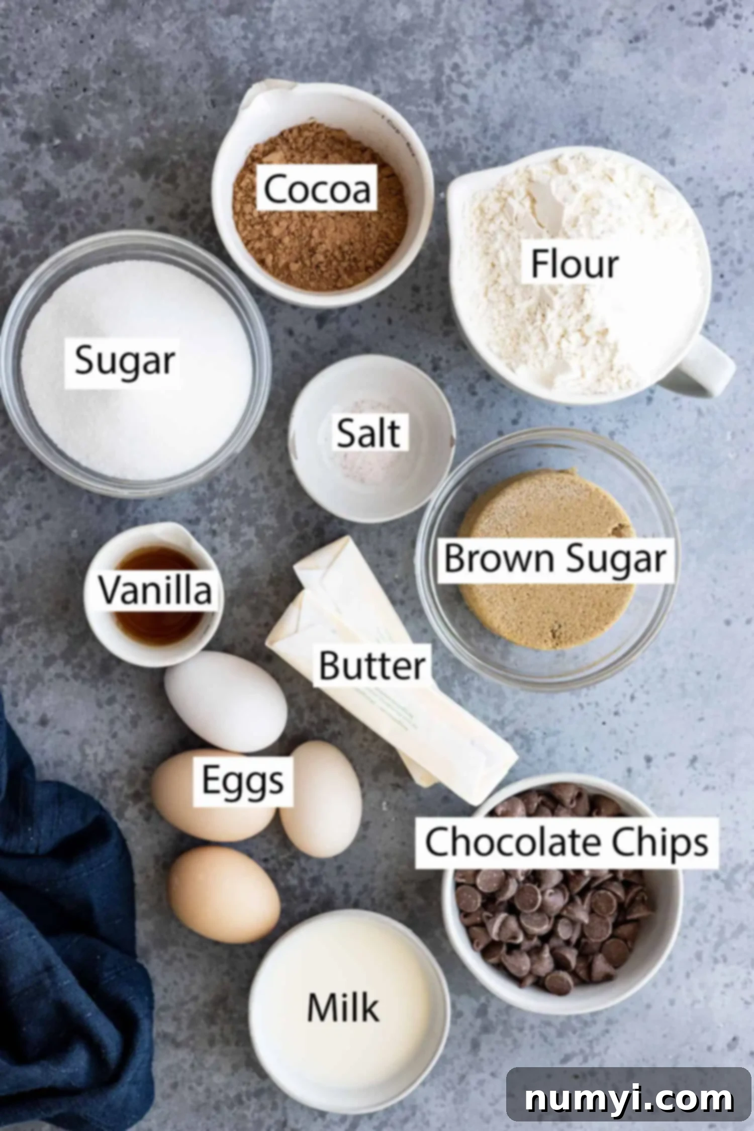 Collection of key ingredients for frosted brownies: cocoa powder, all-purpose flour, granulated sugar, salt, brown sugar, vanilla extract, butter, large eggs, semi-sweet chocolate chips, and milk.