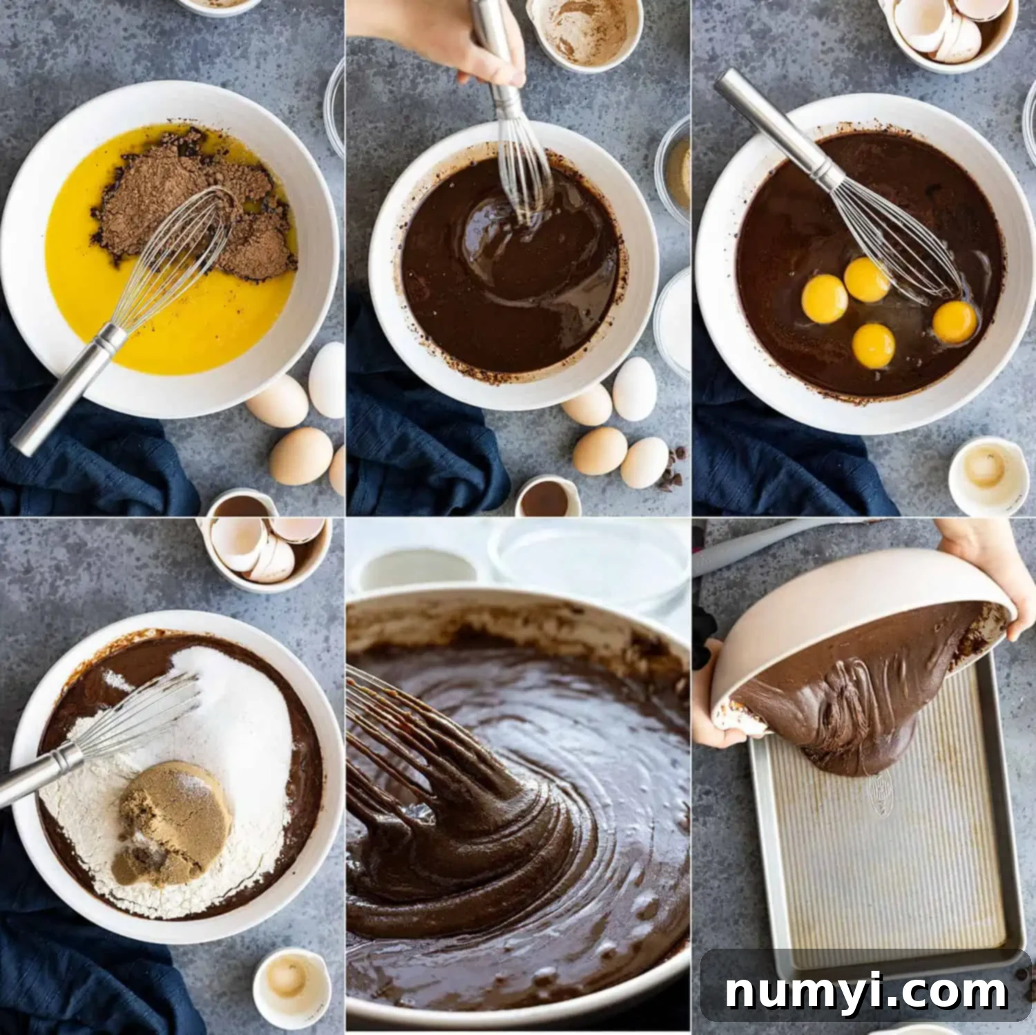 Six step-by-step images demonstrating the process of mixing the brownie batter in a bowl and spreading it into a baking pan.