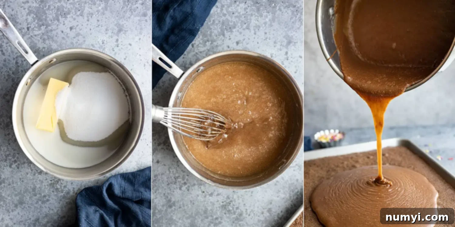 Three close-up images showing the process of making the chocolate frosting: boiling the butter, sugar, and milk, adding chocolate chips, and stirring until smooth and glossy.