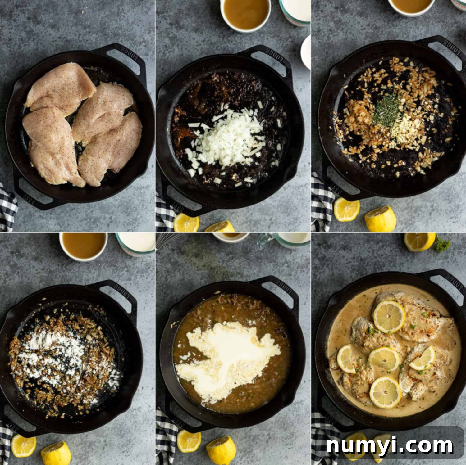 Six step-by-step images illustrating the process of making creamy lemon chicken: slicing chicken, searing, sautéing aromatics, whisking in flour and liquids, simmering sauce, and tossing chicken.