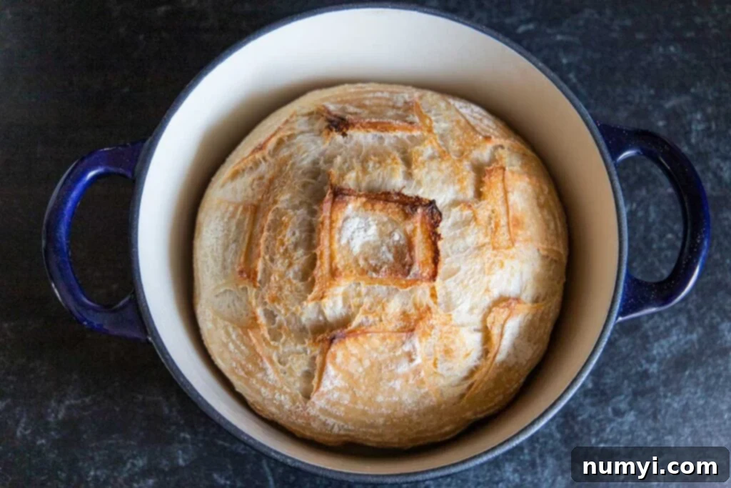 A perfectly baked, golden-brown loaf of sourdough bread resting in a vibrant blue Dutch oven, hot from the oven.