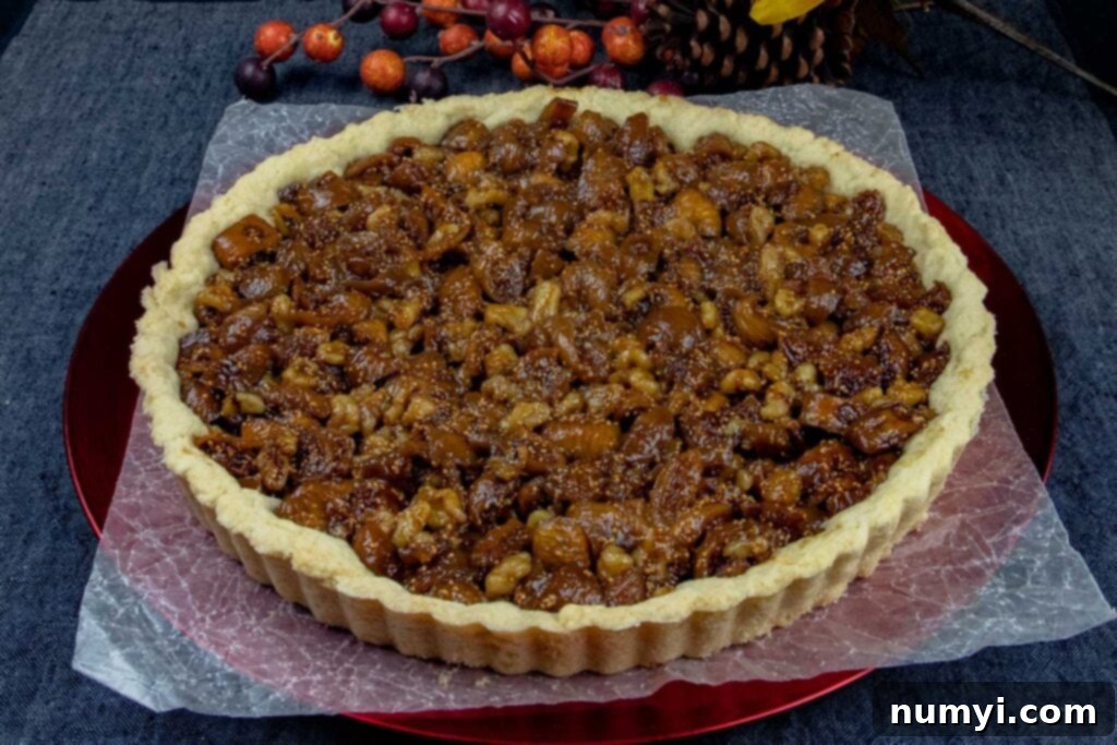 A whole fig tart resting on an elegant red platter, ready to be served.