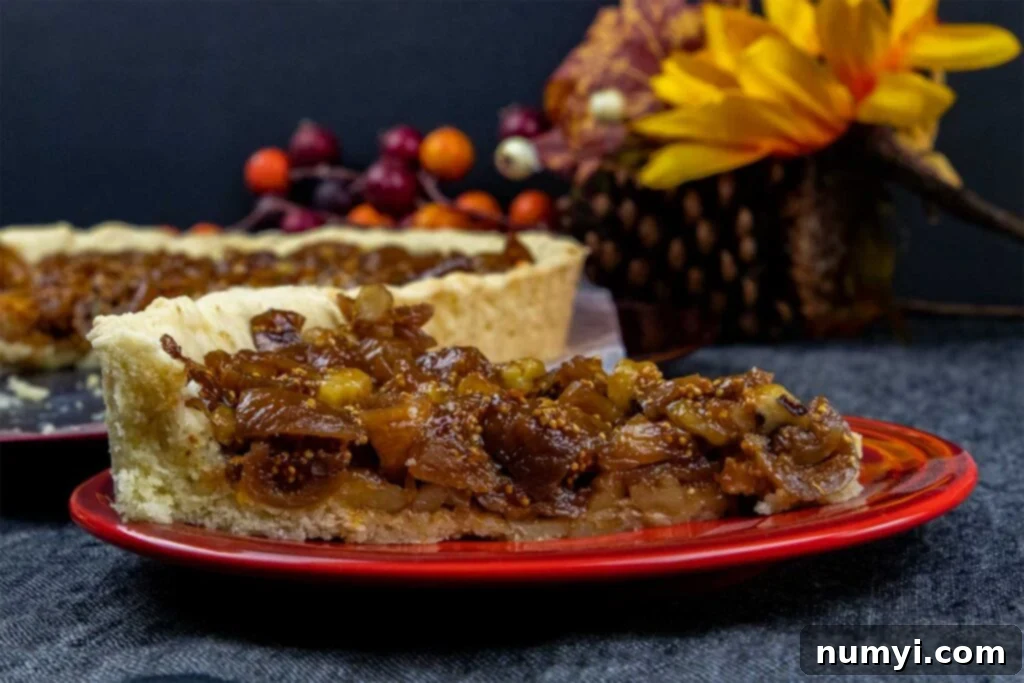 Close-up of a delectable fig tart, highlighting its intricate textures and colors.