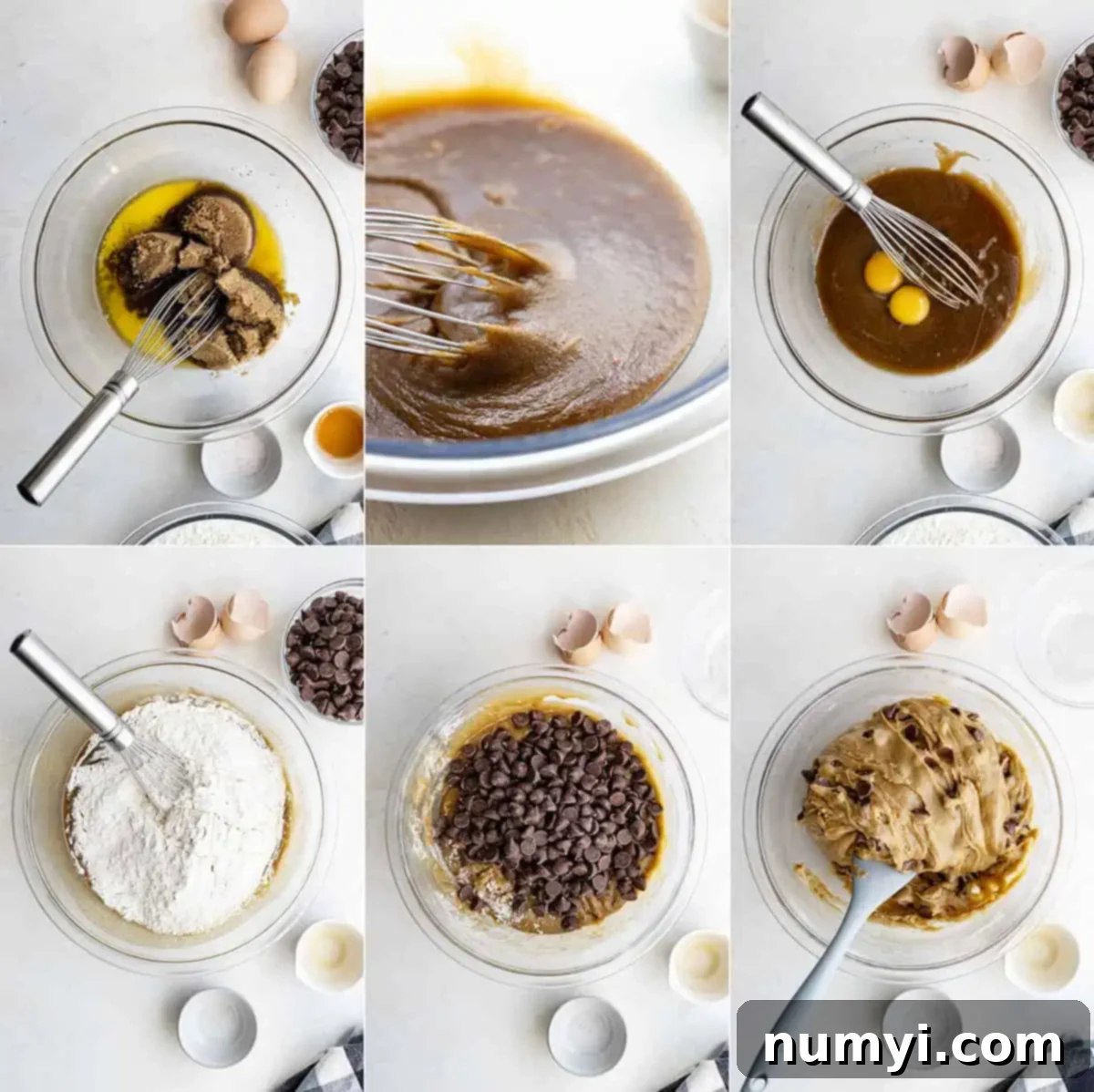 A step-by-step visual guide showing the process of making chocolate chip cookie bars, from combining wet ingredients to mixing in dry ingredients and spreading the dough evenly in a baking pan.