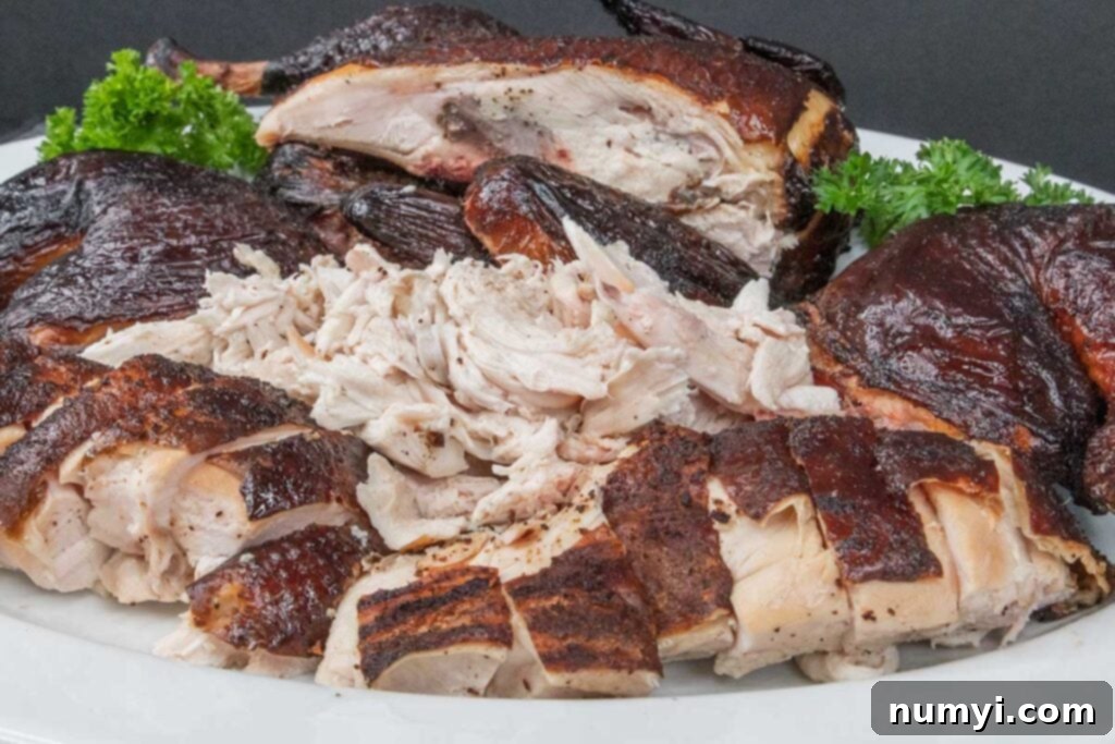 Smoked chicken cut up on a white platter garnished with whole parsley, showcasing its juicy texture.
