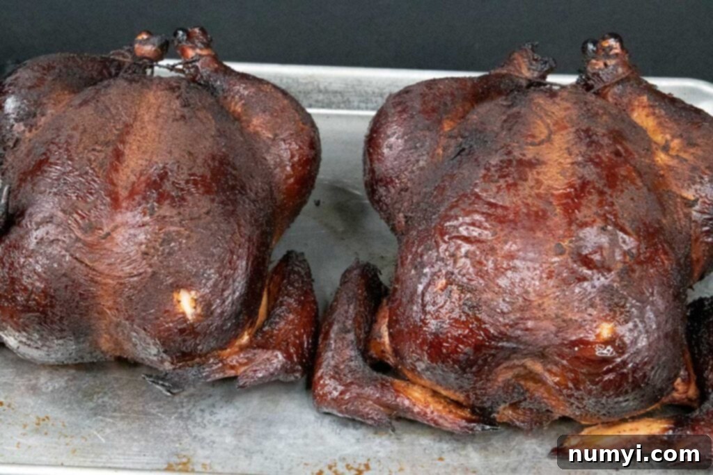 Two whole smoked chickens resting on a baking sheet after coming out of the smoker.