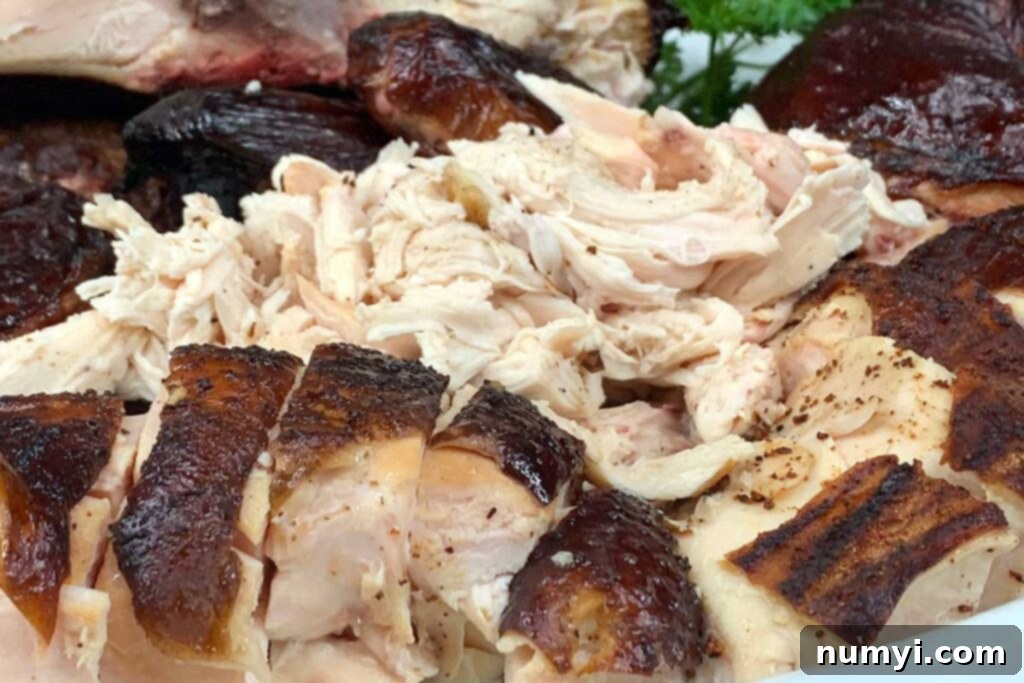 Beautifully smoked whole chicken, carved and ready to be served, highlighting its juicy interior.